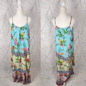 Ruby Yaya Floral Printed Rhinestone Modal Strappy Tiered Maxi Dress